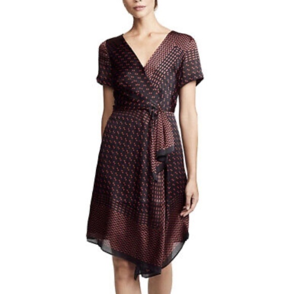 Club Monaco Tarteen scarf print V-neck faux wrap black and red dress size 6 - Picture 2 of 8